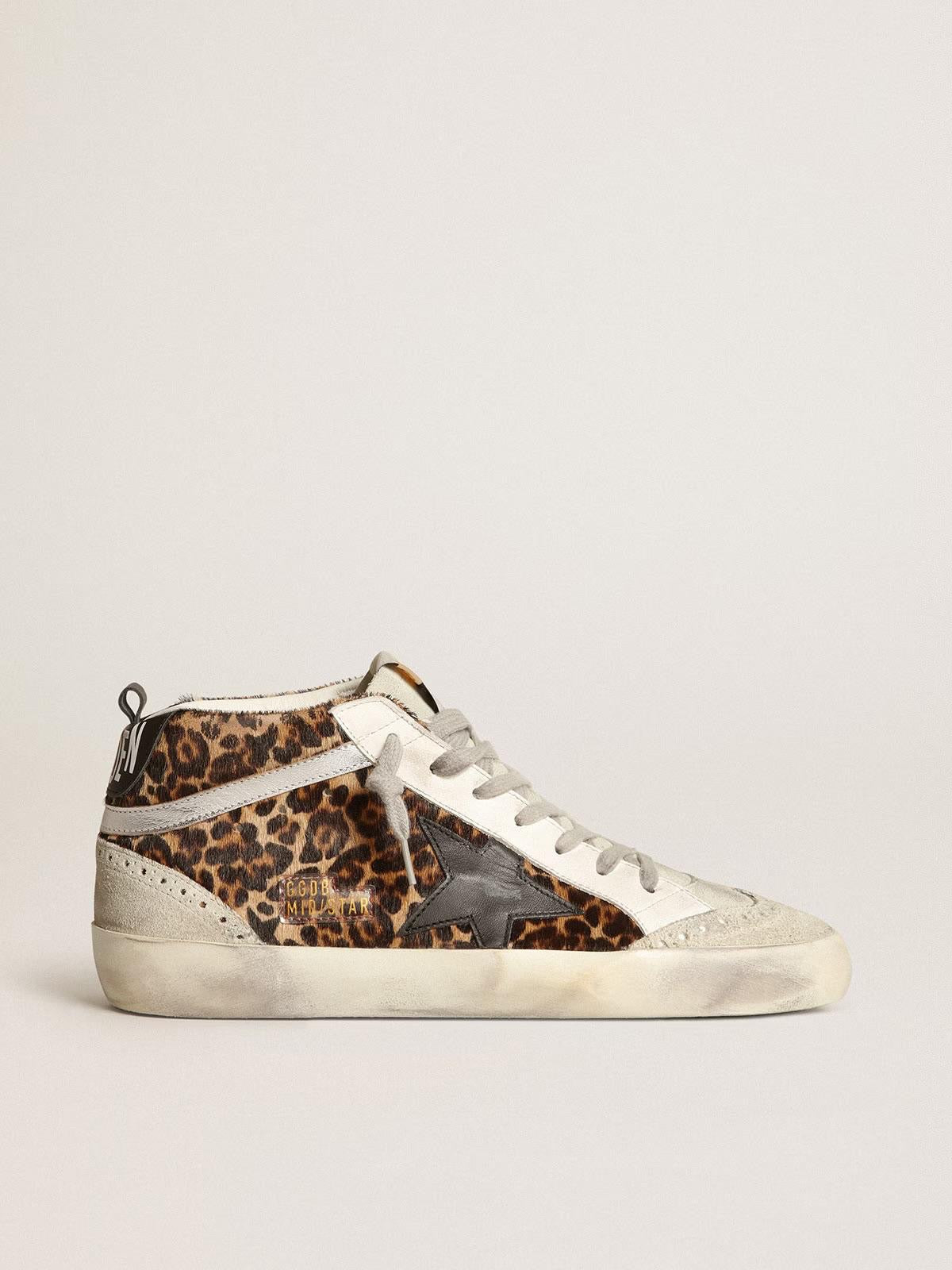 Mid Star cuir façon poulain léopard, étoile noire - Golden Goose