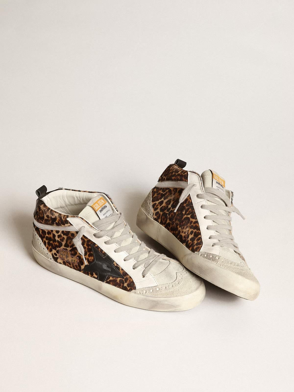 Mid Star cuir façon poulain léopard, étoile noire - Golden Goose